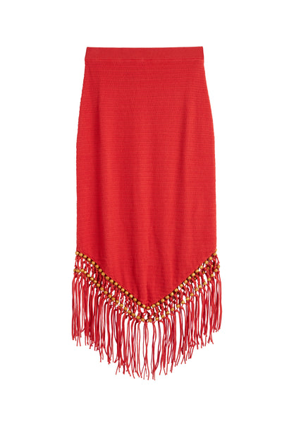 Red skirt with gold fringe on a white background