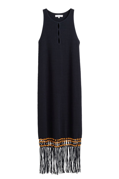 Black sleeveless dress with fringe and beaded details on a white background
