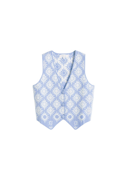 Blue floral patterned vest on a white background