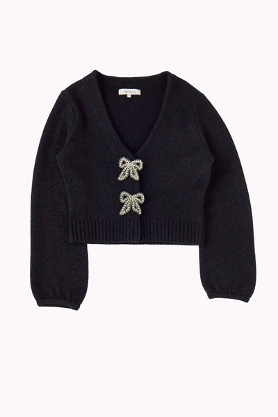Black sweater with bow details on a white background