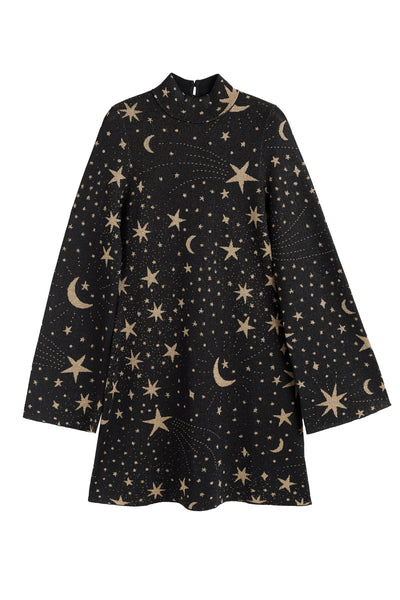 Black dress with beige star and moon pattern on a white background