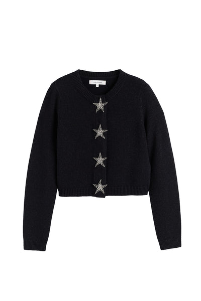 Black cardigan with star embellishments on a white background