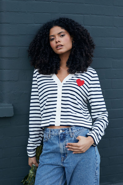 Cream-Navy Merino Heart Breton Cardigan