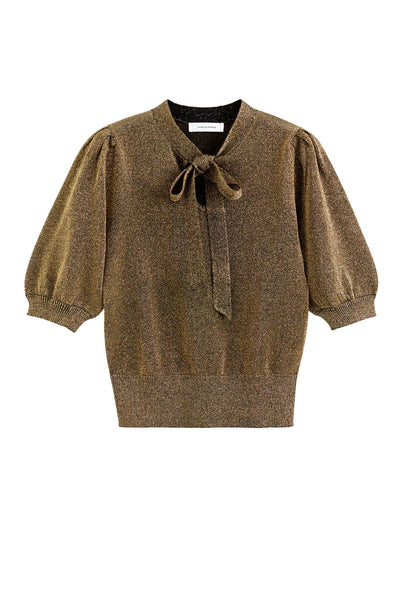 Brown sweater with a bow neckline on a white background