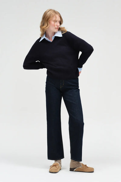 Navy Wool-Cashmere V-neck Sweater