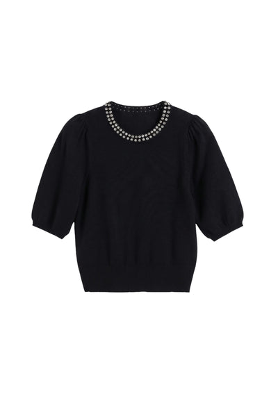 Black Wool-Cashmere Jewel-Neck Knitted Tee