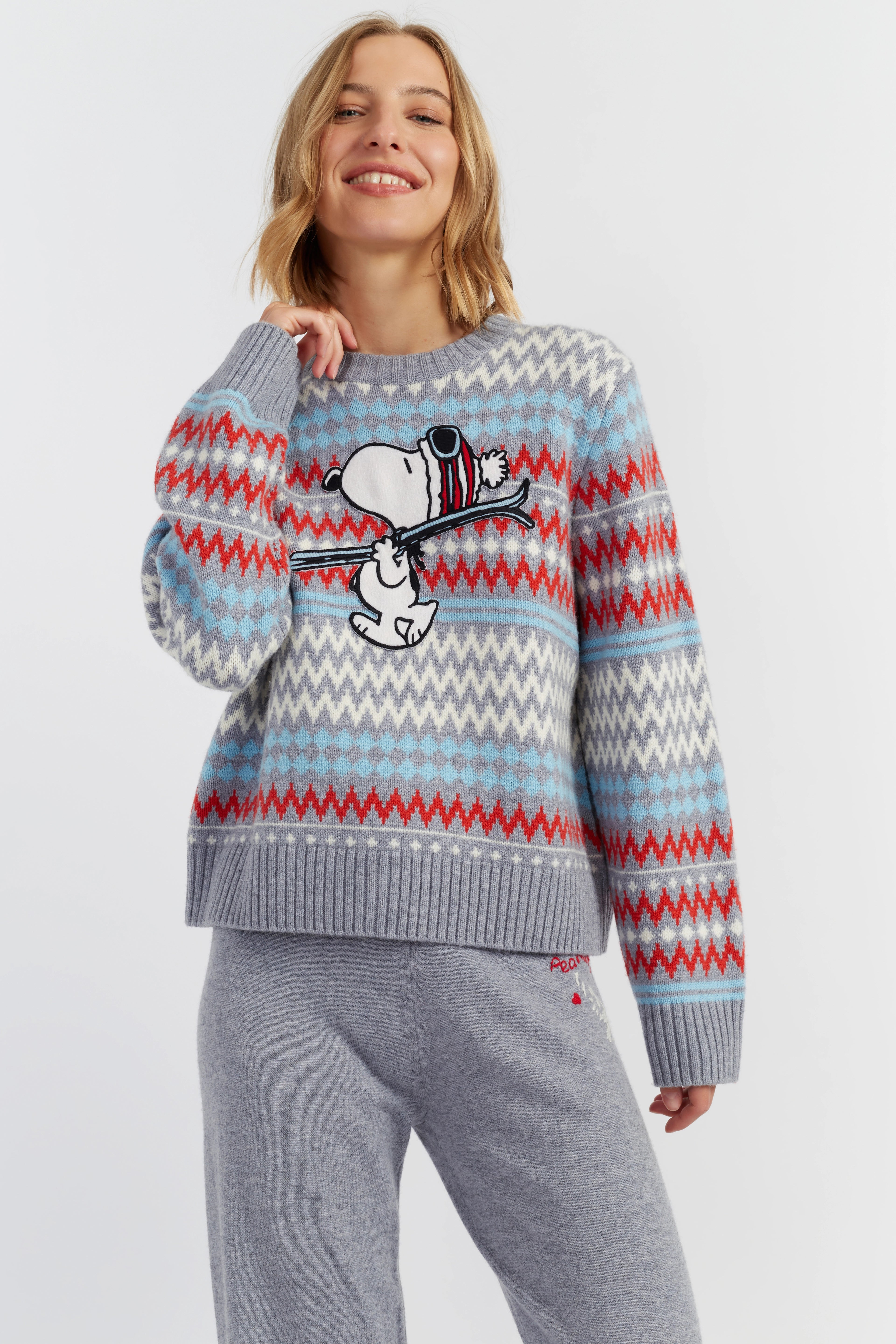 Grey-Melange Wool-Cashmere Snoopy Ski Fairisle Sweater - Chinti