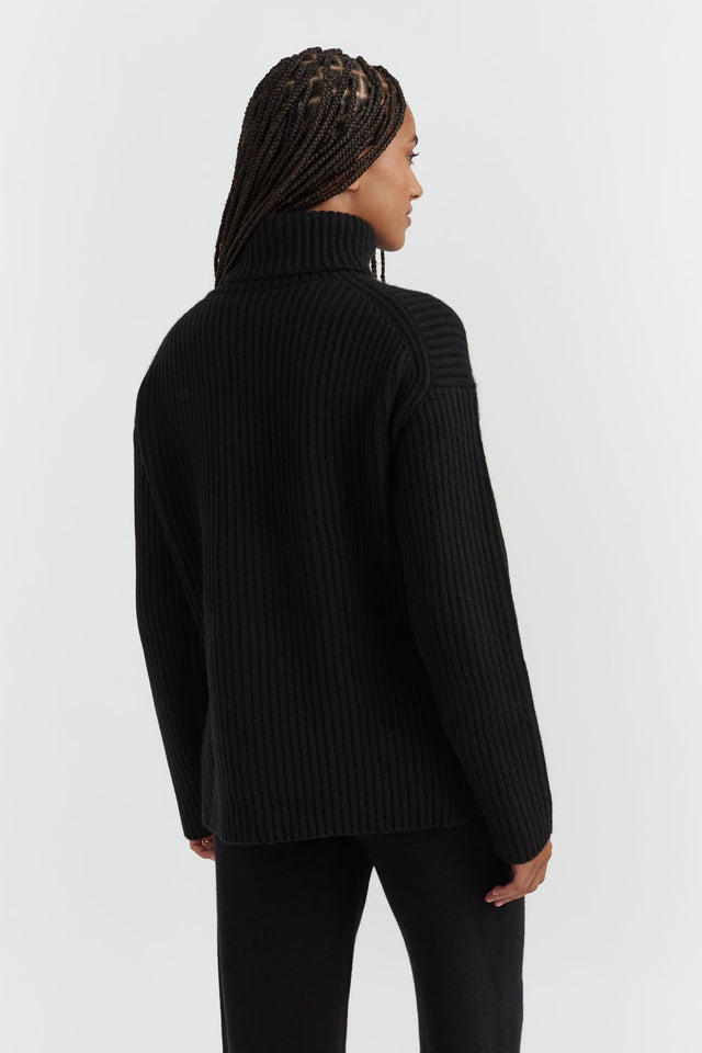 Black Rib-Knit Cashmere Rollneck Sweater image 3