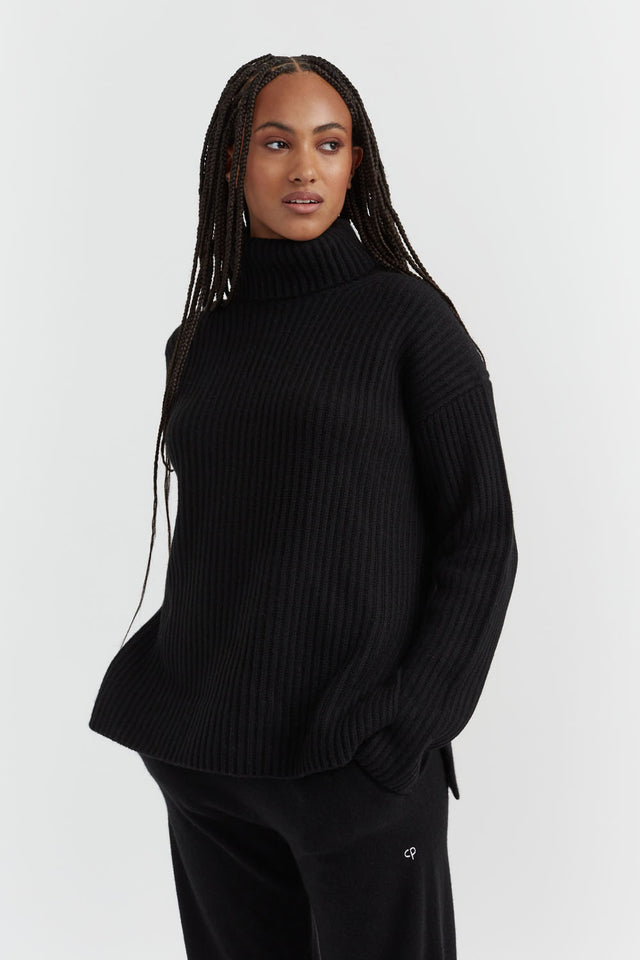 Black Rib-Knit Cashmere Rollneck Sweater image 1