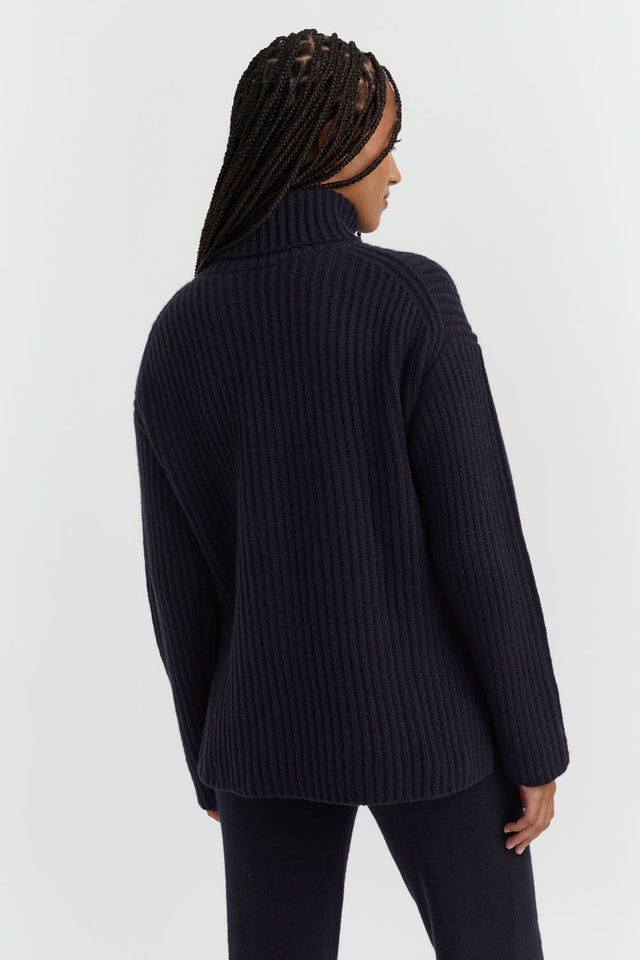 Navy Rib-Knit Cashmere Rollneck Sweater image 4