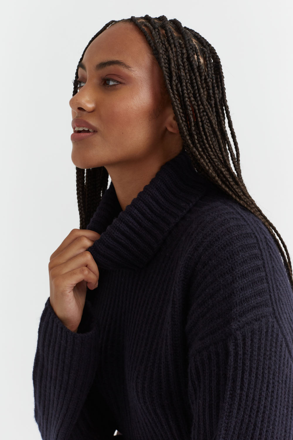 Navy Rib-Knit Cashmere Rollneck Sweater