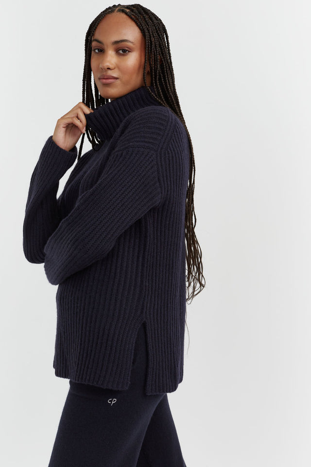 Navy Rib-Knit Cashmere Rollneck Sweater image 3