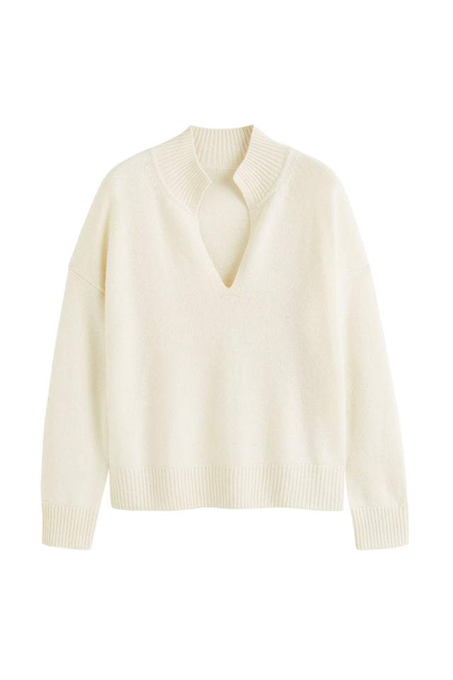 Cream Cashmere V-Neck Funnel Sweater image 2