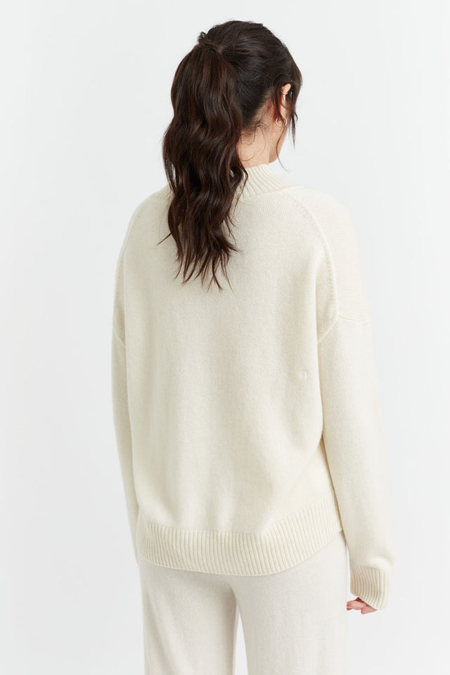 Cream Cashmere V-Neck Funnel Sweater image 3