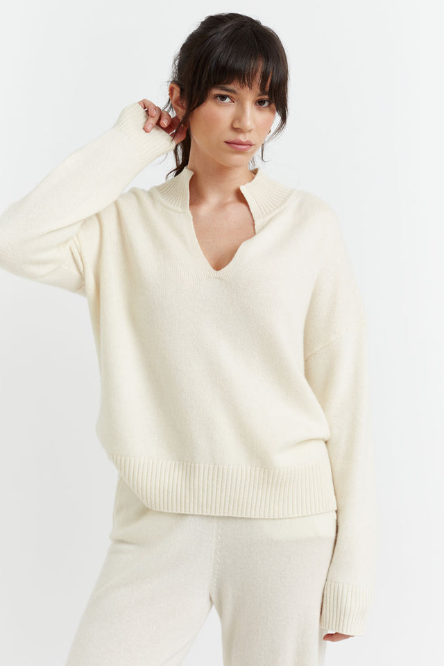 Cream Cashmere V-Neck Funnel Sweater image 1