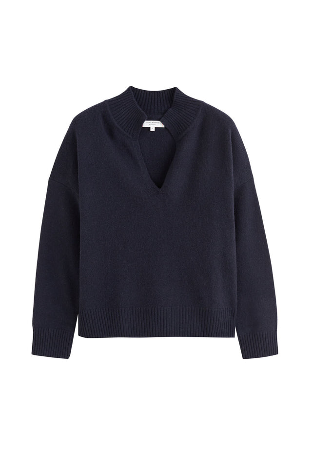 Navy Cashmere V-Neck Funnel Sweater image 2