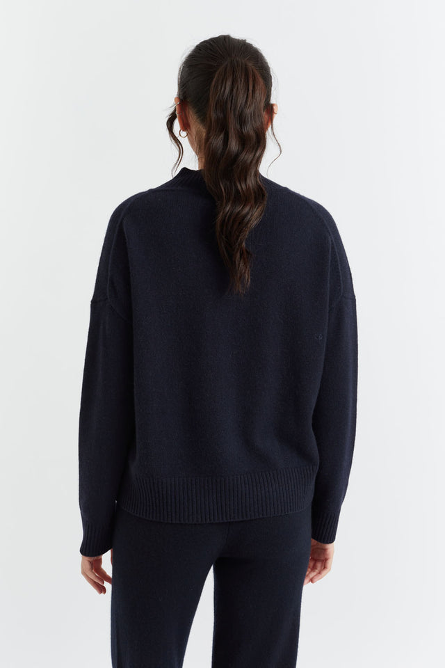 Navy Cashmere V-Neck Funnel Sweater image 3