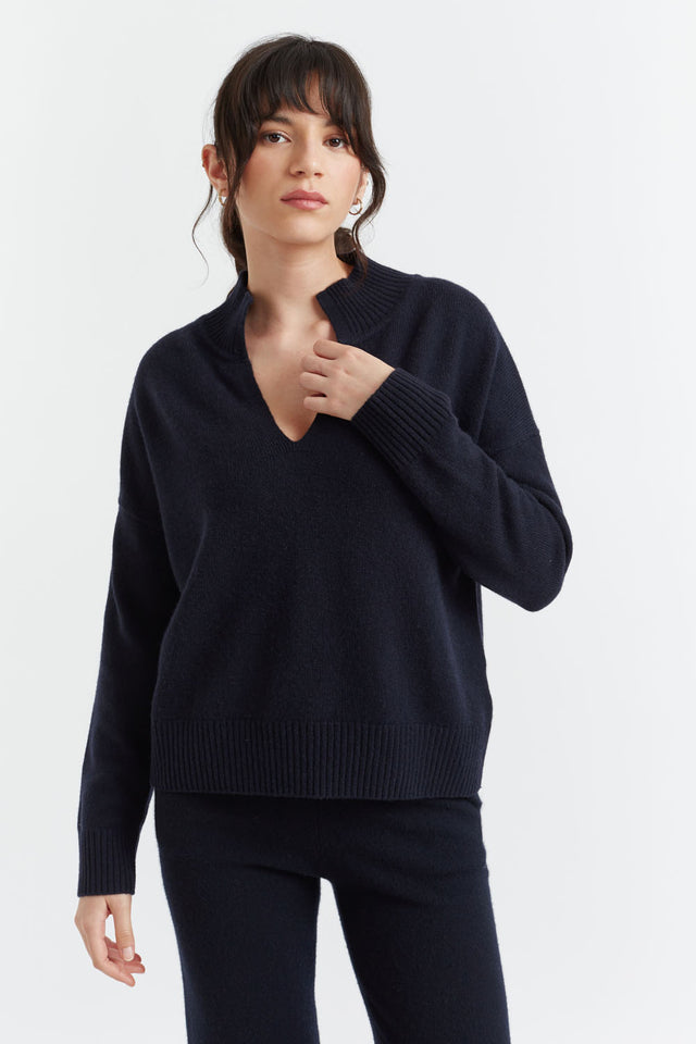 Navy Cashmere V-Neck Funnel Sweater image 1