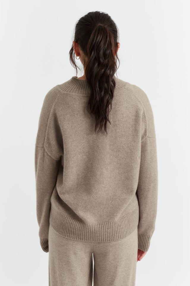 Soft-Truffle Cashmere V-Neck Funnel Sweater image 3