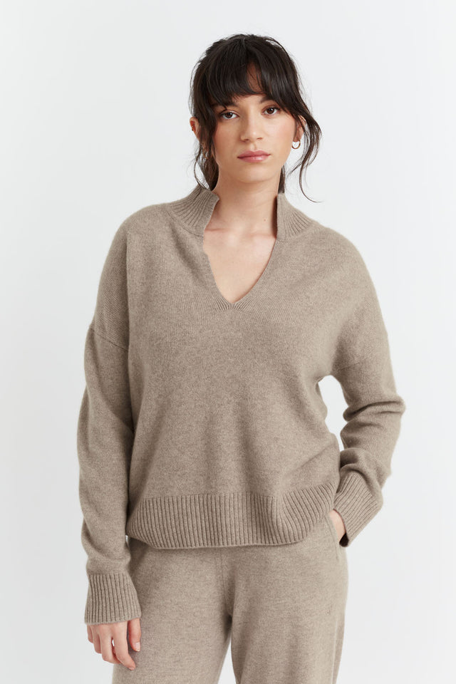 Soft-Truffle Cashmere V-Neck Funnel Sweater image 1