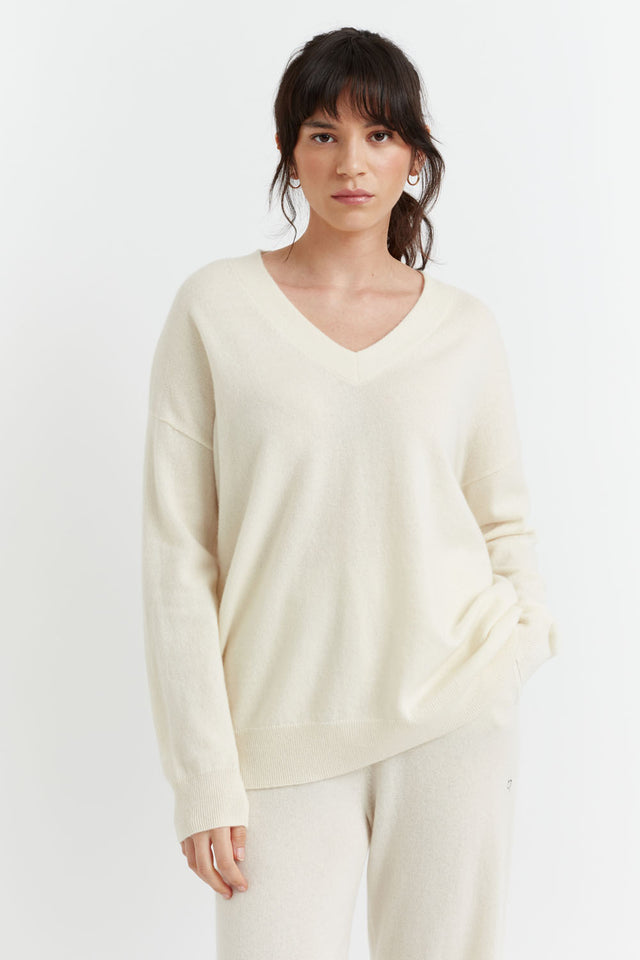 Cream Cashmere V-Neck Sweater image 1