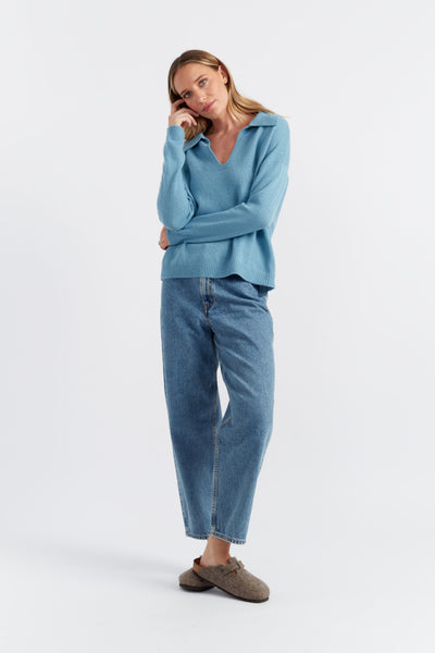 Sky-Blue Cloud Cashmere Collared Sweater