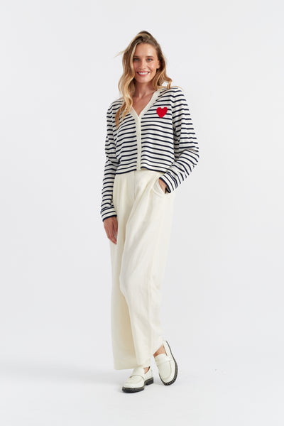 Cream-Navy Merino Heart Breton Cardigan