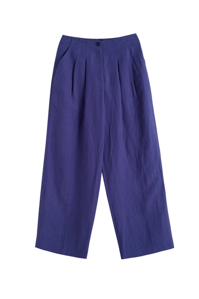 Blue Tencel-Linen Pleat Trousers