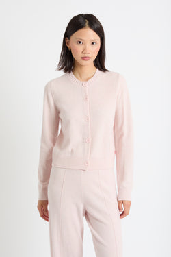 Pink-Melange Wool-Cashmere Crew Neck Cardigan