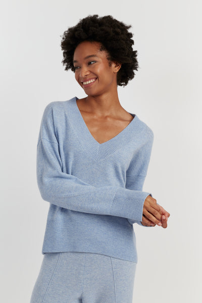 Baby-Blue Wool-Cashmere V-neck Sweater