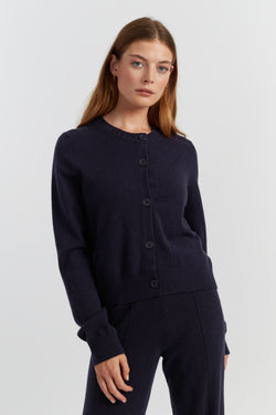Navy Wool-Cashmere Crew Neck Cardigan