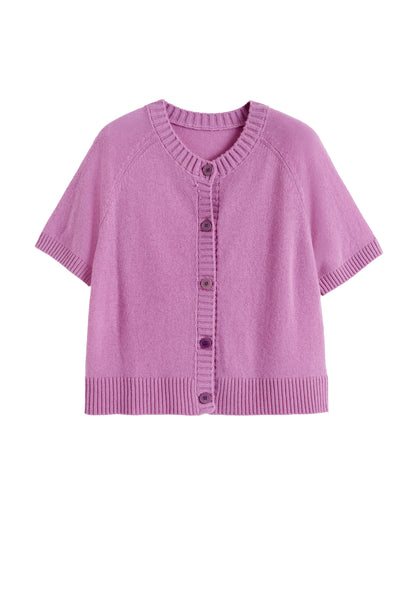 Lilac cardigan with buttons on a white background