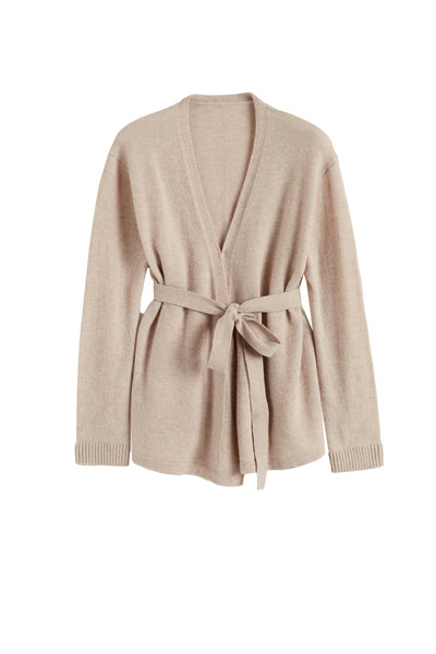 Beige cardigan with a belt on a white background