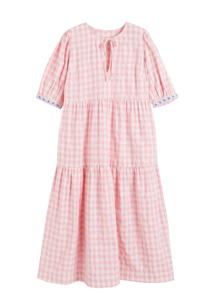 Pink Linen-Blend Gingham Daisy Day Dress