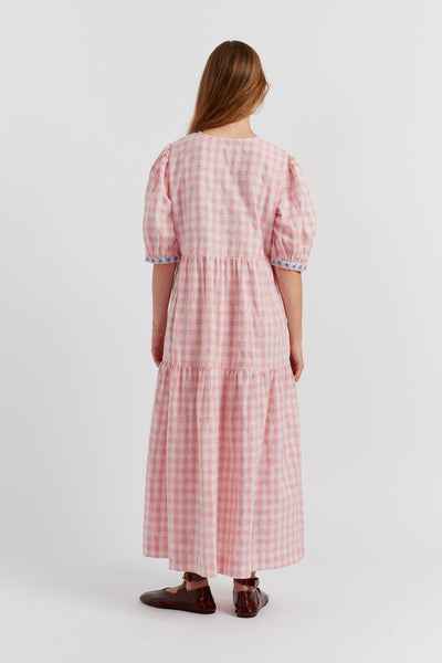 Pink Linen-Blend Gingham Daisy Day Dress