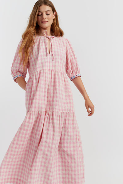 Pink Linen-Blend Gingham Daisy Day Dress