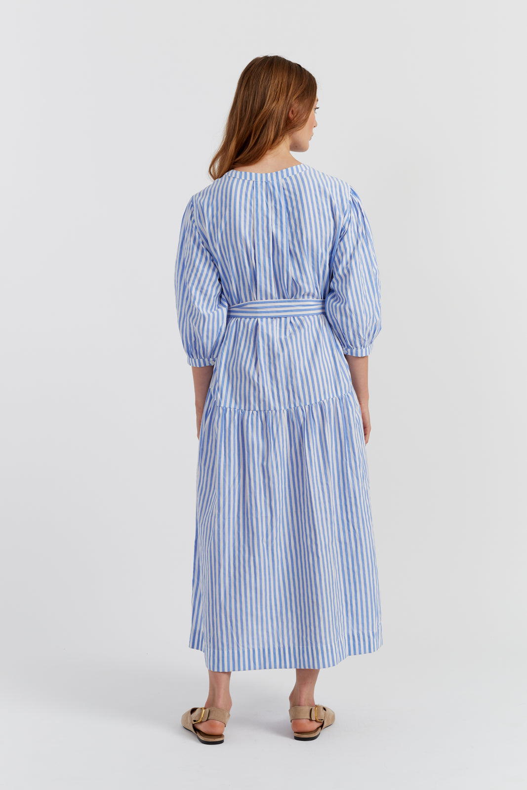 blue stripe chessie dress Blue Stripe Print V Neck Tie Shoulder Dress SSYS