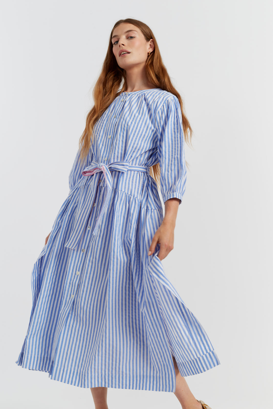 blue stripe chessie dress Blue Stripe Print V Neck Tie Shoulder Dress SSYS