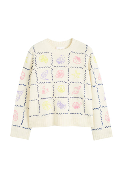 Cream Wool-Cashmere La Mer Embroidered Sweater