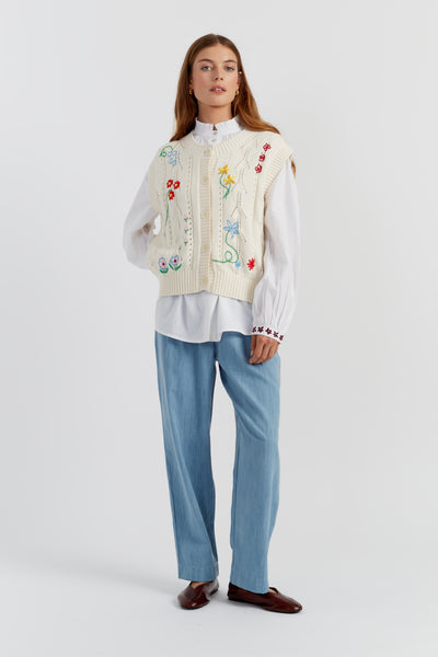 Cream Cotton Hand Embroidered Floral Tank