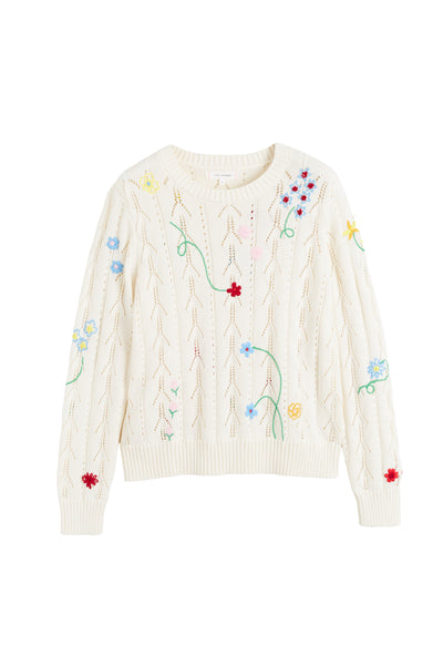 Cream Cotton Hand Embroidered Floral Sweater