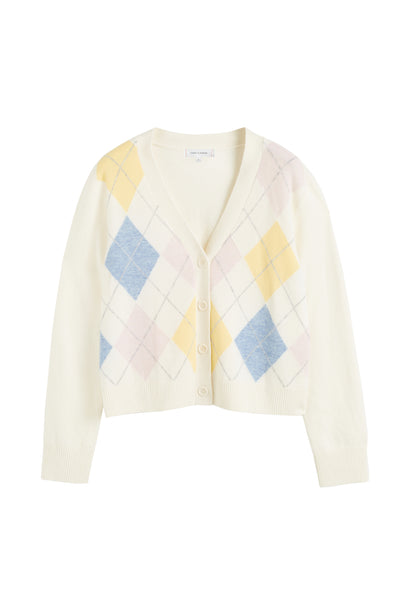 Cream Wool-Cashmere Argyle Cardigan