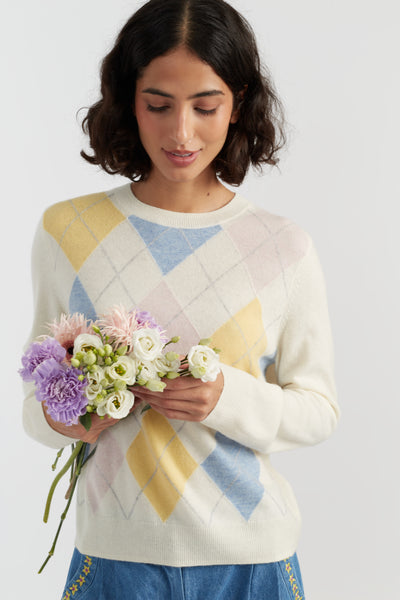 Cream Wool-Cashmere Argyle Sweater