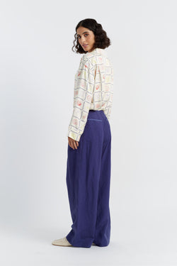 Blue Tencel-Linen Pleat Trousers