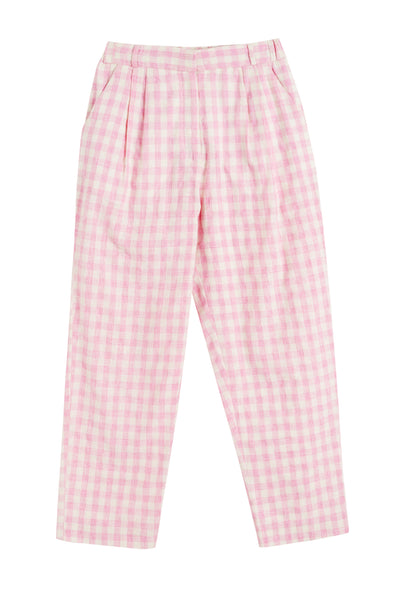 Pink Linen-Blend Gingham Trousers