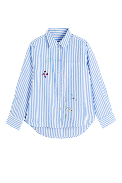 Blue Cotton Oxford Stripe Floral Shirt