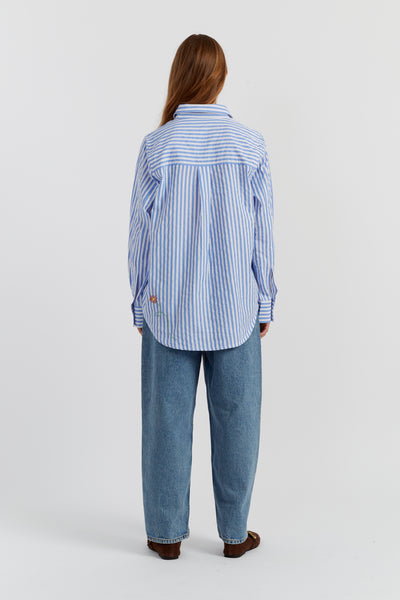 Blue Cotton Oxford Stripe Floral Shirt