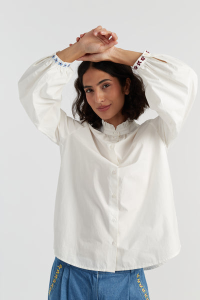 Cream Cotton Frill Embroidery Shirt