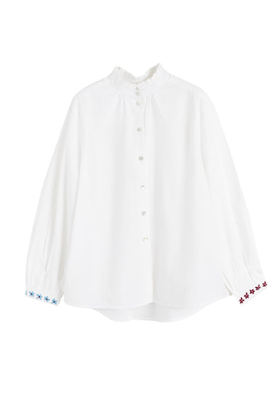 Cream Cotton Frill Embroidery Shirt