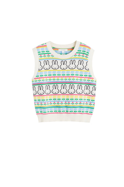 Women's sleeveless sweater with bunny pattern on a white background